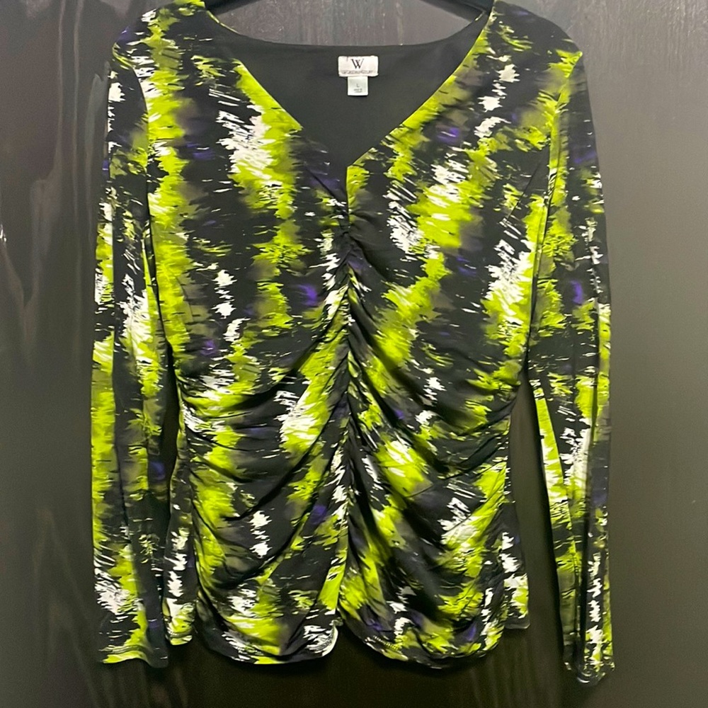 EUC Worthington Top Blouse Size Large Black Green Purple